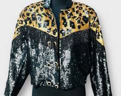 GOLD MINE NEW YORK Flashy Sequin Jacket With Leopard Print Yoke And Silk Lining Size S
