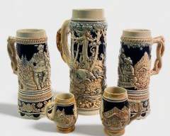 Five Vintage Western German glazed Pottery Beer Steins and Mini Steins
