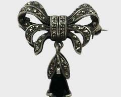 Fine Vintage Sterling Silver Marcasite & Black Drop Dangle Gemstone Bow Brooch Pin
