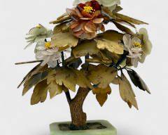 Beautiful Hard-Stone Carved Gemstone Bonsai Tree Flowers in Jade Planter
