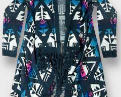 Vintage Love Crazy Native American Style Printed Knit Cardigan With Fringe L
