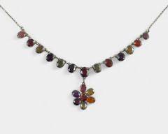 7 Grams Fine Silver Flower Multi Gemstone 19 Inch Necklace
