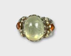 Sterling Silver & 14K Yellow Gold White Hardstone Statemen Ring. Sz 7.5, sizable.