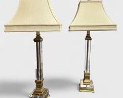 Fantastic Decorative Crafts Inc High Quality Pair Crystal Glass & Solid Brass Column Style Table Lamps with Shades
