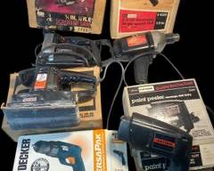 5 Power Handtools with Original Boxes, Craftsman 3/8HP Reversible SingleSpeed drill, 3/4in 1/3HP Scroller Saw, Wen Model PR30 Dual Action Sander, Craftsman Paint Peeler, Black and Decker 7.2V 2Speed Cordless Drill
