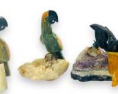 Three Gemstone Hand Carved Parrots and Stone Carved Toucan Bird On Amethyst Quartz damaged Beak
