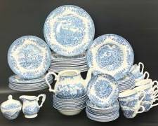 58pc Fine Churchill Staffordshire Blue Willow English China Dinner Plates, Salad Plates, Desert Plates, saucers, Bowls, Creamer, Sugar Bowl, and Tea Pot
