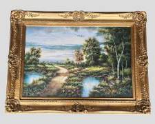 Large JoHn Sloan Signed Oil on Canvas Gorgeous Landscape Ornate Giltwood Frame 35" H x 47" Wide
