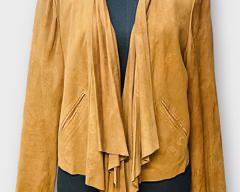 I-N-C International Concepts Leather Tan Ruffle Front Hippie Boho Statement Jacket. Size XL
