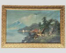 Antique Landscape Oil Painting on Canvas in Highly Ornate Gilt Wood Frame
