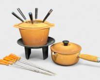 Le Creuset Mid Century Modern MCM Iron Fondue Pot with Stand & 12 Skewers and Wooden Handled Pot with Lip and Lid, Made in France
