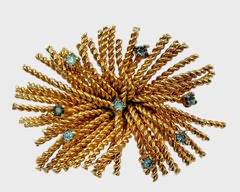 Beautiful Gold Toned Blue Rhinestone Burst Brooch Pin
