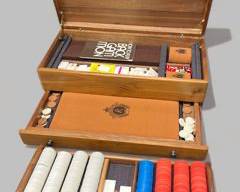 Vintage Poker Box Marked with a Crest with R Carved Wooden Tiered Game Box inlcuding Poker Backgammon, Craps and Dominoes
