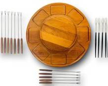 Mid Century Modern MCM Denmark Teak Lazy Susan and Eighteen Fondue Forks
