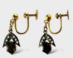 Art Deco 14K Yellow Gold Black Sapphire & Clear Accent Stones Screw-Back Earrings.
