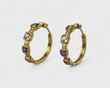 11.1 Grams Stunning Fine 18K Yellow Gold Diamond, Ruby, Tanzanite Pierced Statement Hoop Earrings

