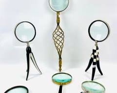 Collection of Six Decorative Magnifying Largest 17" High Two stand up on Tripod bases Brass -Brass and Mixed Material
