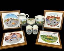 Vintage Villeroy & Boch Luxembourg Depuis 1748, Porcelain 4 Trivet Tiles, Salt and Pepper Shakers, Sugar Bowl and Pitcher
