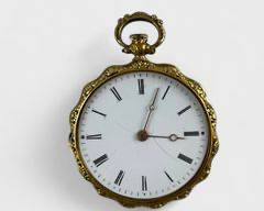 14.6 Grams Fine 18K Gold French Enamel Art Nouveau Key Wind Pocket Watch
