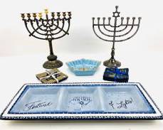 Judaica Hanukkah Menorahs Candleholders, Serving Platter, And Coasters. Brands Include Ambrianse Collection
