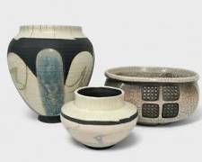 Three Vintage Signed Juliano Raku and PC 92 Art Pottery Vases and Bowl
