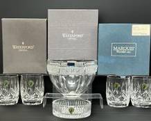 Four Fine WATERFORD Crystal Lismore Double Old Fashioned Glasses With Original Box, Marquis By Waterford Crystal Arabesque Bowl With Original Box, and Waterford Wine Bottle Coaster
