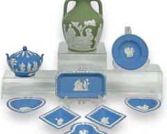 Fine Wedgwood Sage Green and Blue Jasperware Vase, Sugar Bowl w/Cover, Ashtray, Tray, and Dishes Lot

