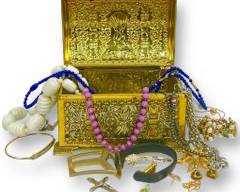 Vintage West German Gold Tone Jewelry Treasure Box With Assorted Costume Jewelry Necklaces, Pendents, Bracelets, Charms, and Cufflink Lot
