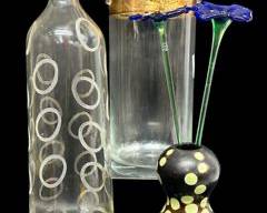 Vintage Mid Century Modern Style Art Glass Vases and Signed Pattie 2004 Ceramic Pottery with Pair Royal Art Glass Gallery Long Stem Flowers
