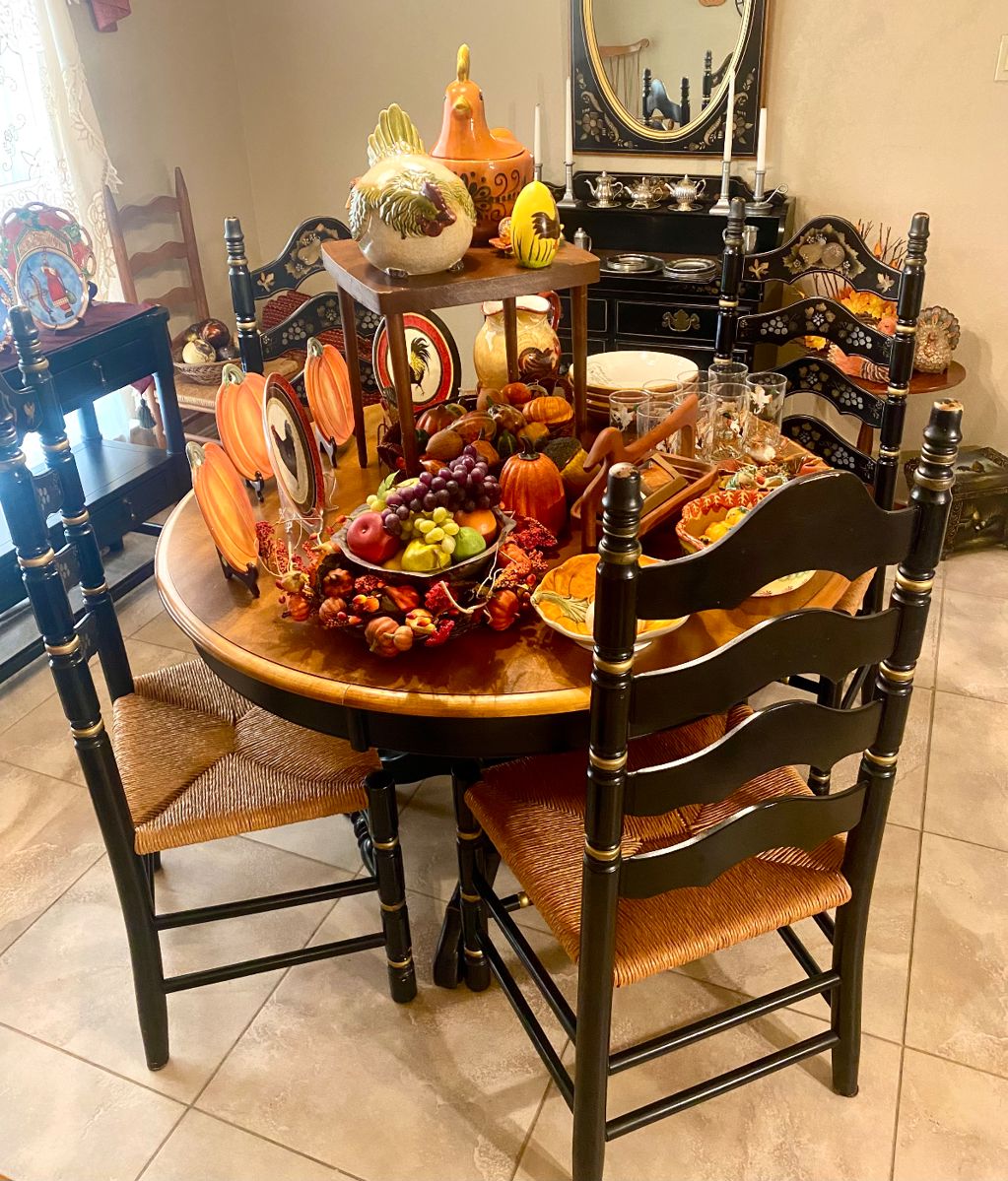 Ethan Allen Hitchcock style dining table and chair set, tea/bart cart, Dry bar and matching mirror.