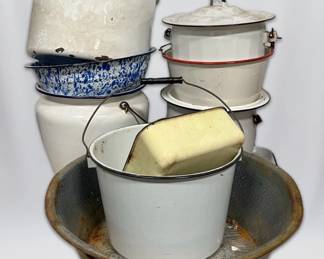 13 Vintage Enamel Pots, Pails, Plates