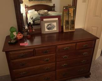 Ethan Allen dresser with mirror, matching nightstand, and bed with mattress
