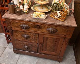 Antique burled oak marble top wash stand