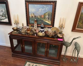 Cherrywood curio buffet, Brass and other smalls