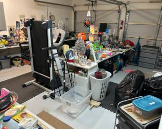 Garage is Packed! Treadmill, tools, Housewares rugs holiday. 