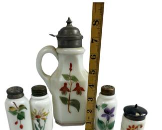 Antique Milk Glass Salt Pepper Sugar Shakers & Batter or Syrup Pitcher Hand Painted