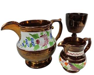 Milk Pitchers Creamers Goblet Copper Lusterware Hand Painted Flowers
