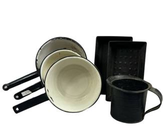Kitchen Enamelware Pots White Black + Tins Measuring Cup Rustic