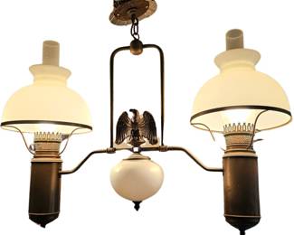 Ceiling Light Double Shade Globe Eagle Figure Colonial Hanging Lamp Milk Glass Kerosene Style