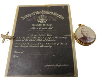 WWII Propeller Pin Antique Rolled Gold 2 Portrait Locket Honorable Discharge Laminated for Wallet