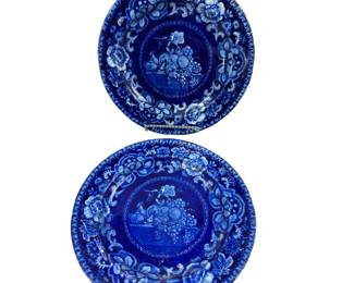 7.5" Early Staffordshire Dark Blue Flow Transferware Plates Fruit Flowers Matching