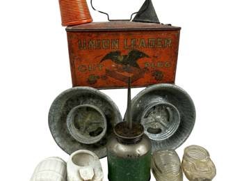 Antique Glass Bird Water Feeders Union Leader Tobacco Tin Oil Can & More Smalls 
