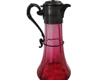 Antique Cranberry Glass Claret Decanter Pitcher Wine Jug 10 Panel Optical Mold 