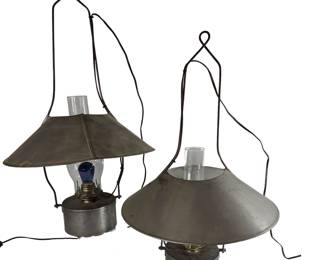 Pair Merchant Hardware Store Shop Oil Lamps Electrified Tin Steel Shades Hanging