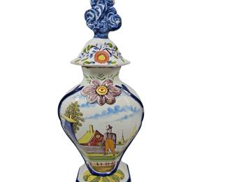 14" Antique Dutch Delft Lidded Urn Garniture Full Color Hand Painted Tin Glaze