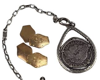 1895 1 Franc Coin Watch Fob & Gold Plated Antique Cufflink Stamped 585