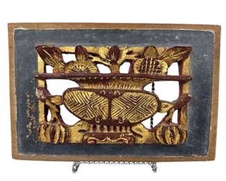 5x8" Wooden Temple Carving Urn Flowers Gold Gilt Ching Dynasty c1860-80