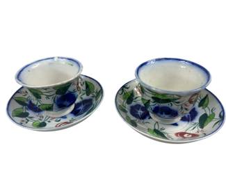 2 Cup Saucer Sets 14 Sided Pink Flower Soft Paste Plate Flow Blue Morning Glory Pattern c1850 
