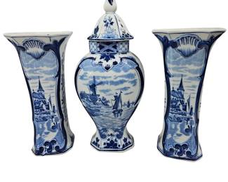 Antique Delft Blue White HJandpainted Garniture Set Lidded Urn Vases DEC 501 Windmill Ships
