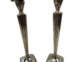 Pair 10" Webster Co Antique Sterling Silver Candlesticks Holders Fluted Art Deco Square Bases